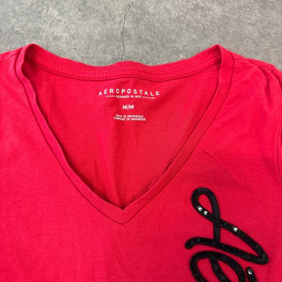 Vintage Y2K Aeropostale Sequin Red Black Baby Tee Short Sleeve Medium - Picture 3 of 5